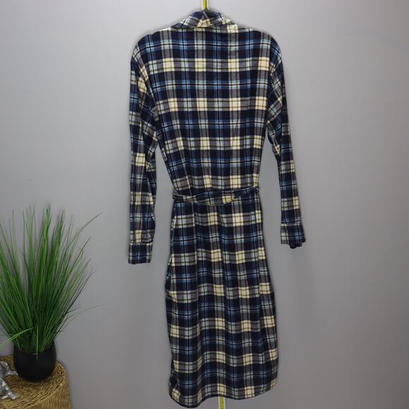 Vintage Pennleigh Plaid Flannel Robe L Blue Green White Belted - Picture 2 of 3